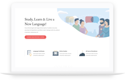 A web page promoting language learning with illustrations of people engaged in conversation, offering online courses, summer registration information, language certificates, and online studies benefits.