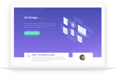 A stylized illustration of a web page showcasing ux design, with various screens displaying interface elements and a "watch the preview" button, all set against a cool purple backdrop.