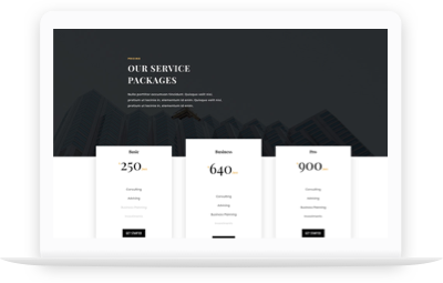 Interface of a website displaying three service packages with different price points, each including a summary of services offered and a call to action button.