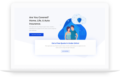 Illustration of an insurance website offering coverage options for home, life, and auto with a prompt for visitors to get a free quote in under 24 hours.